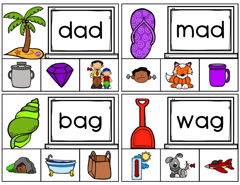 Short-A clip cards for dad, mad, bag, and wag, each offering three pictures to match to the printed word