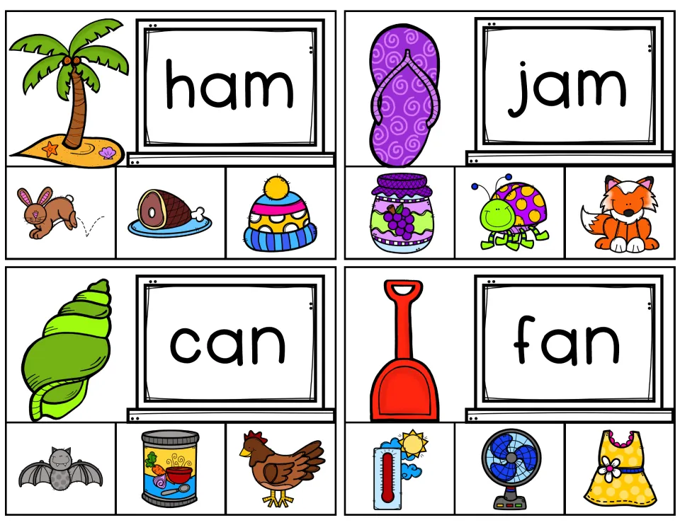 Short-A clip cards for ham, jam, can, and fan, each offering three pictures to match to the printed word