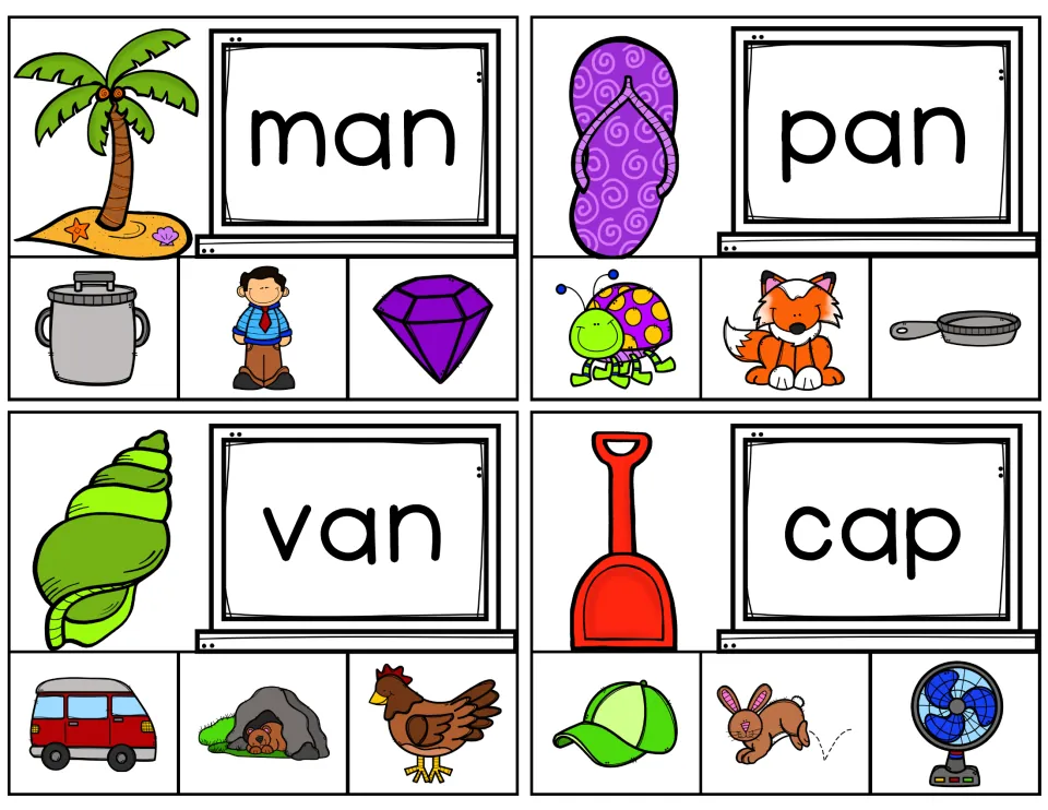 Short-A clip cards for man, pan, van, and cap, each offering three pictures to match to the printed word
