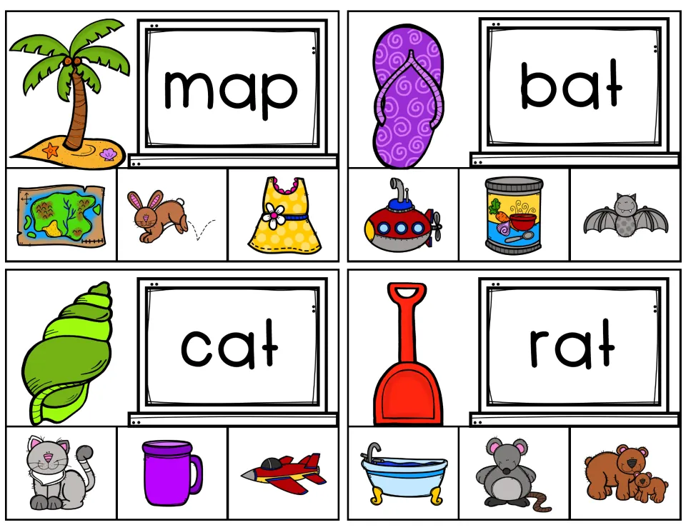 Short-A clip cards for map, bat, cat, and rat, each offering three pictures to match to the printed word