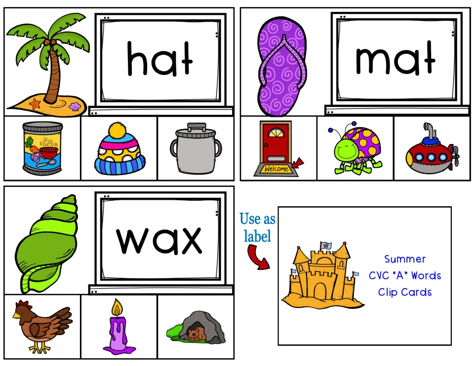 Short-A clip cards for hat, mat, and wax, each with three picture choices, plus a label for the storage box