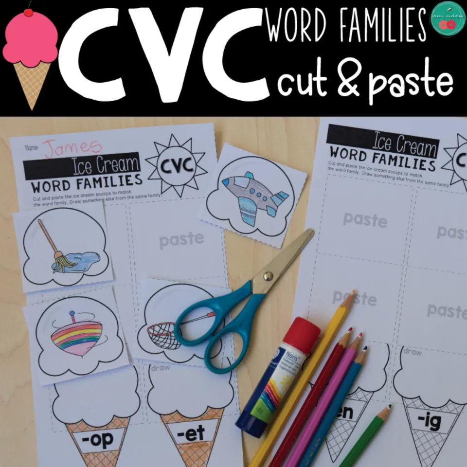 CVC word families cut & paste cover: photo of ice cream sheets with -op, -et, -en and -ig cones, scissors and glue