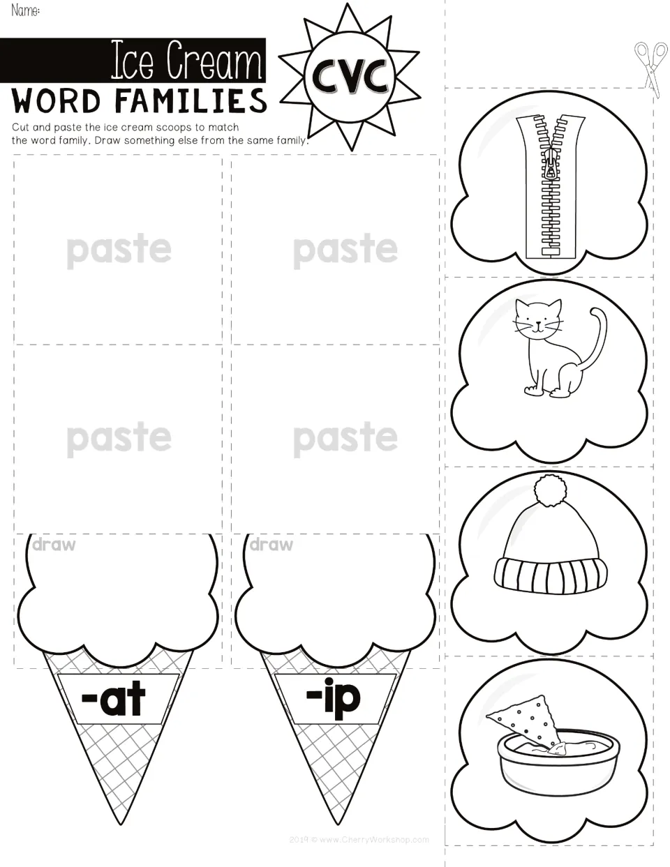 Ice Cream CVC word families: students cut zip, cat, hat and dip scoops, glue each on the -at or -ip cone, then draw