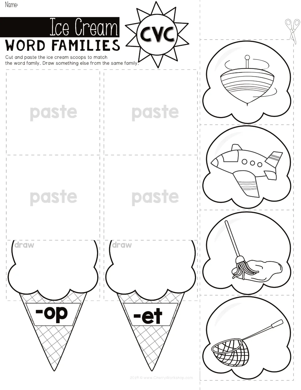 Sorting -op and -et words: students paste top, jet, mop and net picture scoops on the matching cone and draw one more
