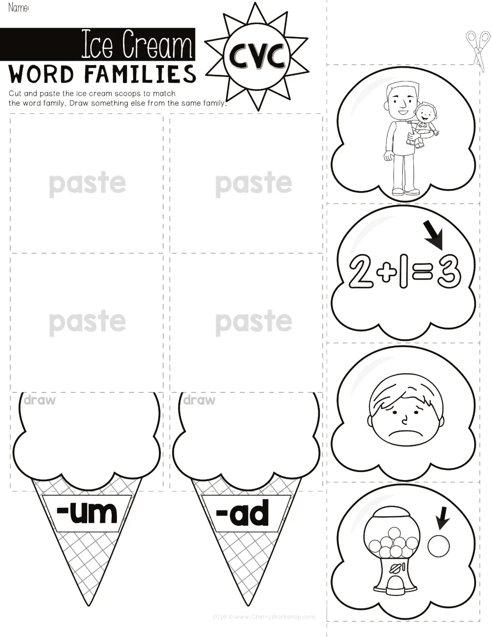 Word families -um and -ad: students match dad, sum, sad and gum picture scoops to the right cone and draw another word