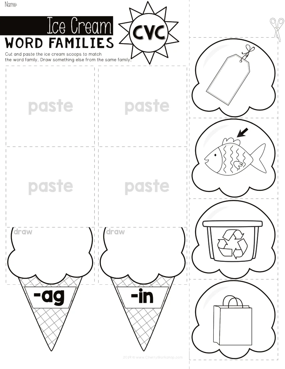 Matching -ag and -in families: students cut tag, fin, bin and bag scoops, glue each on its cone and draw a word