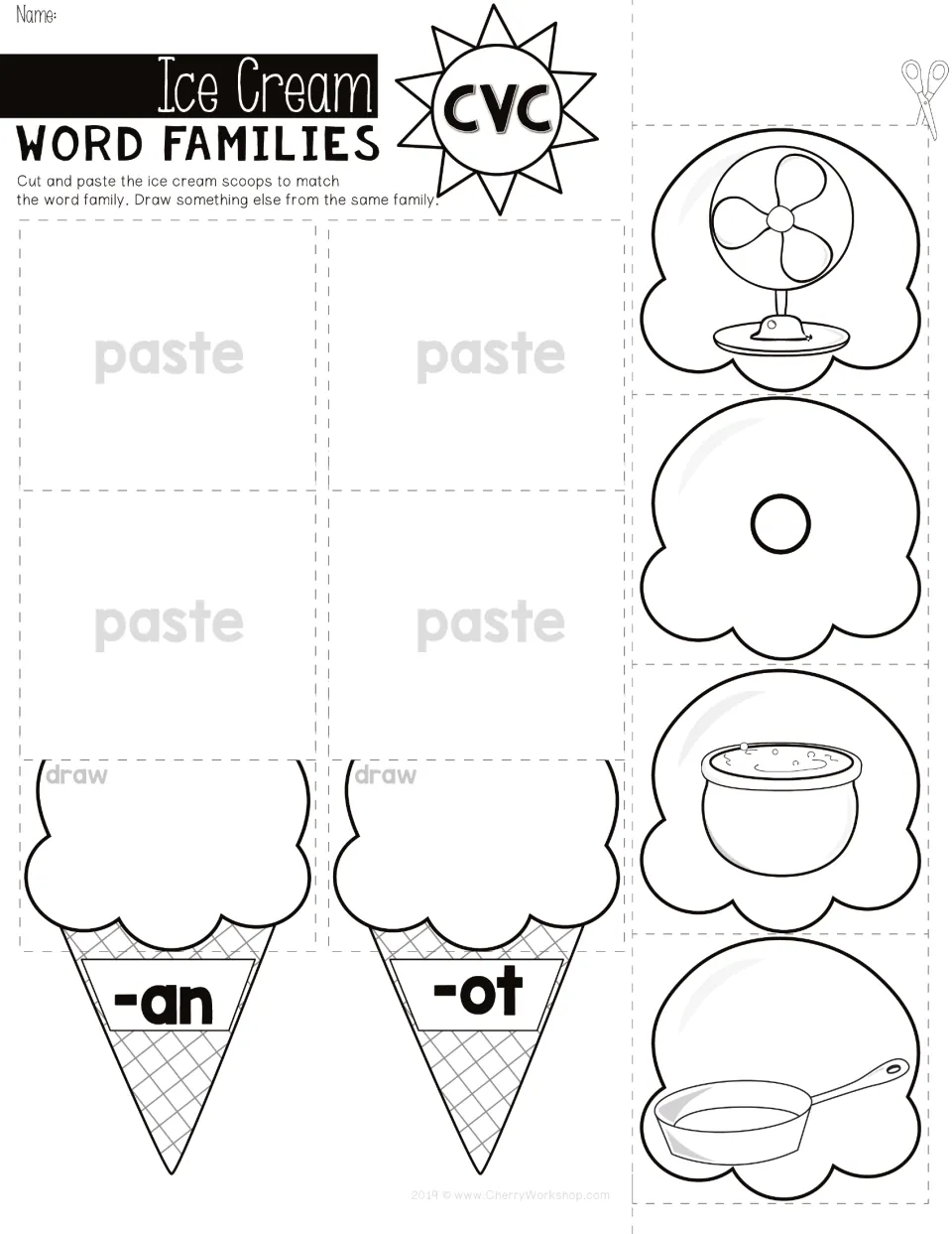Sorting -an and -ot words: students paste fan, dot, pot and pan picture scoops onto the correct cone and draw one more