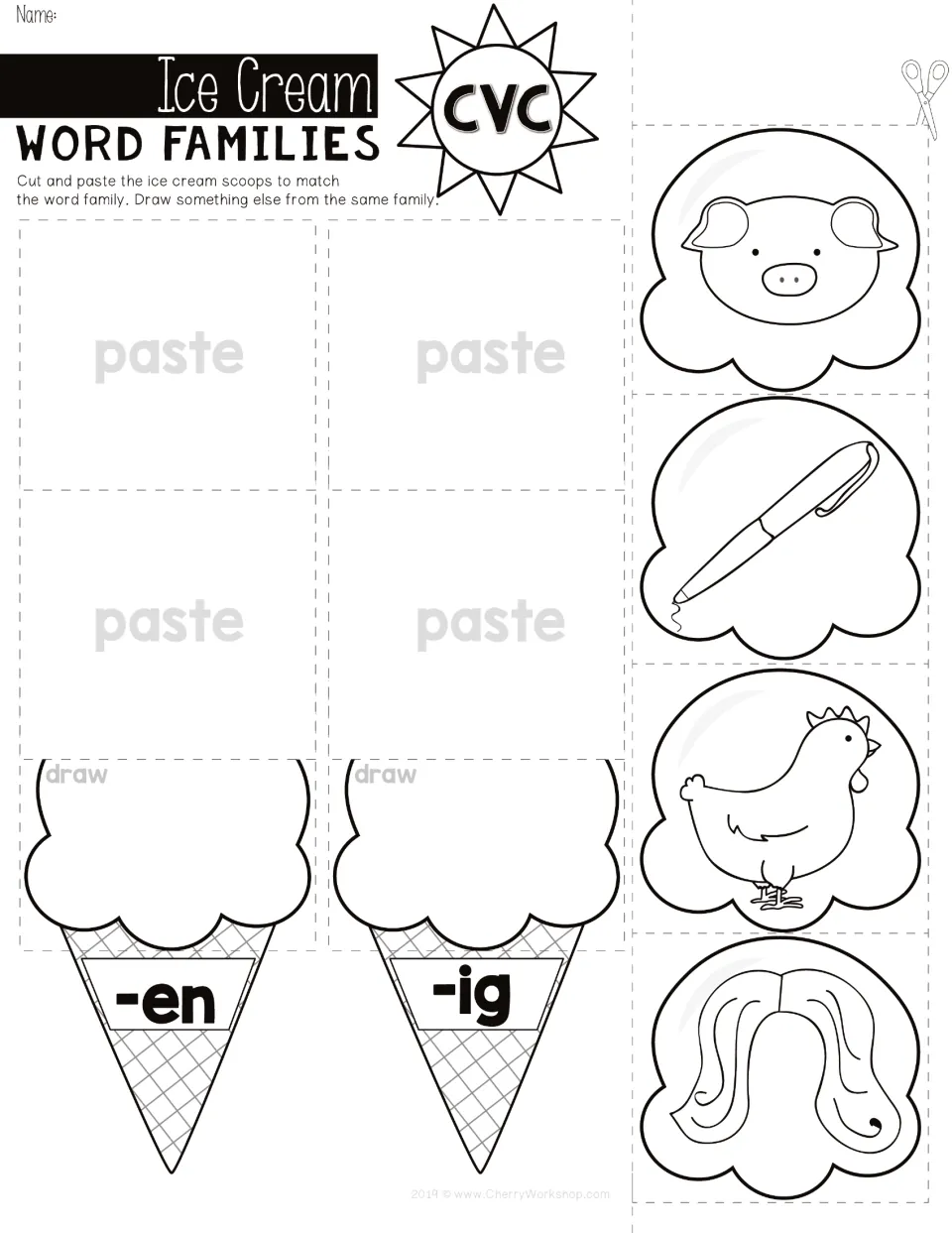 Word families -en and -ig: students match pig, pen, hen and wig scoops to the right cone, then draw a word of their own