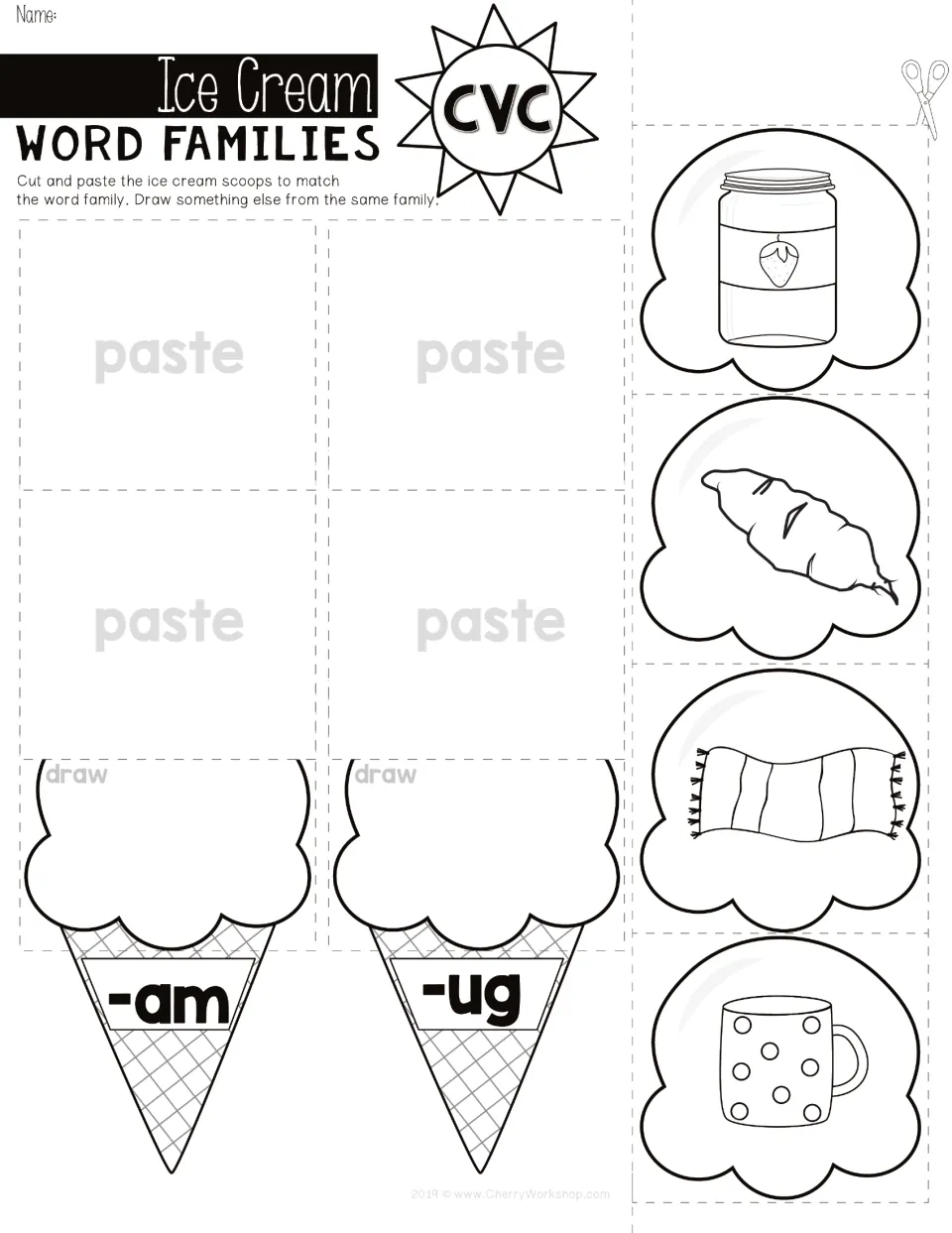 Sorting -am and -ug families: students cut jam, yam, rug and mug picture scoops, paste each on its cone and draw another