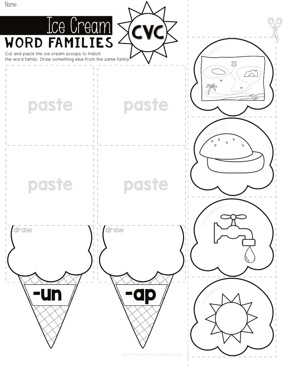 Matching -un and -ap words: students paste map, bun, tap and sun picture scoops onto the right cone and draw one more