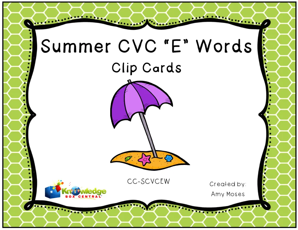 Cover of Summer CVC "E" Words Clip Cards by Amy Moses, showing a purple beach umbrella on sand with a starfish