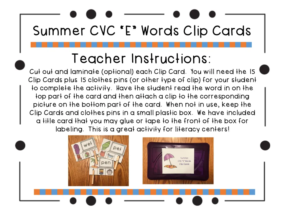 Teacher setup steps: cut and laminate 15 cards, add 15 clothespins, store in a labeled box; photos show clipped cards