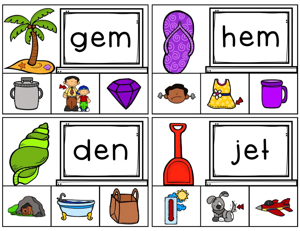 Short e word cards gem, hem, den and jet: students read each word and clip the matching picture, such as a gem or a jet