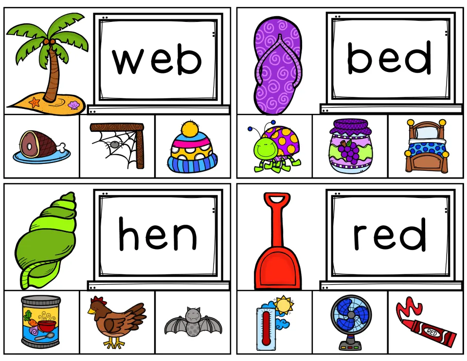 Short e word cards web, bed, hen and red: students read each word and clip its picture, like a spider web or red crayon