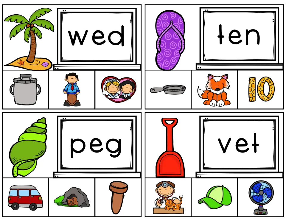 Short e word cards wed, ten, peg, vet: students read each word and clip the picture, such as a wedding couple or number 10
