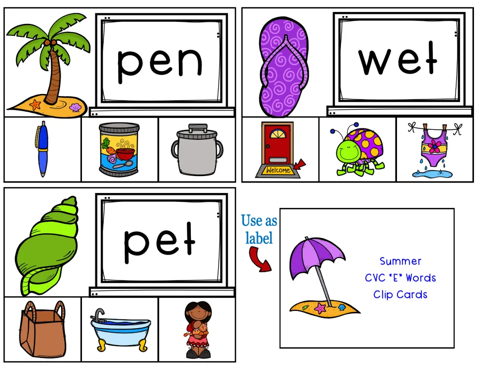 Short e word cards pen, wet and pet with picture choices, plus a beach umbrella label to tape on the storage box