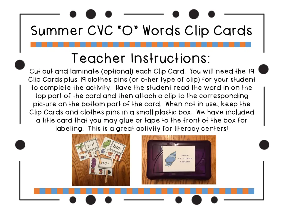 Teacher setup for 19 short-o clip cards: cut, laminate, add clothespins, store in a box; photos show cards and labeled box