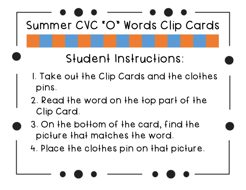 Student steps for the clip cards: read the word on top, find the matching picture below, and clip a clothespin on it