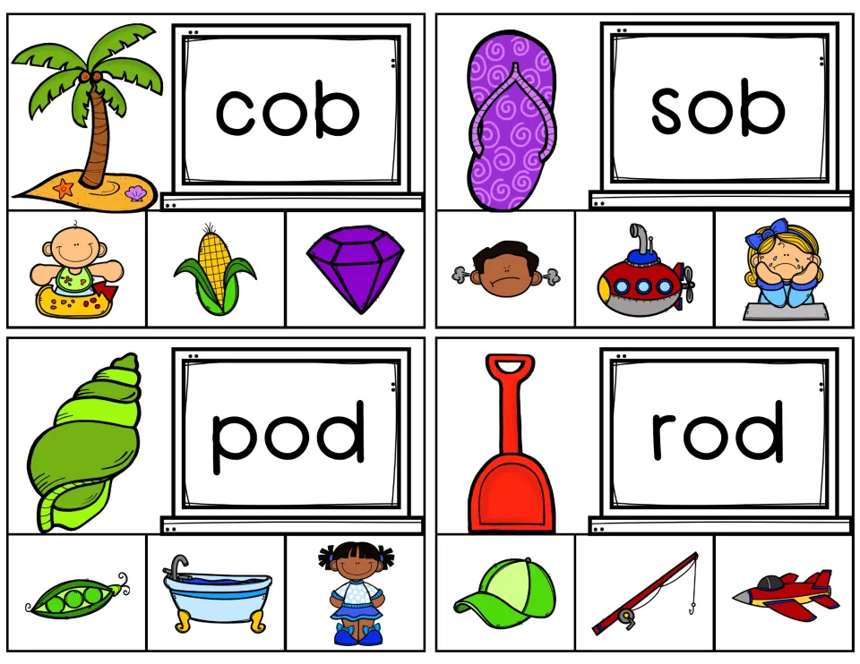 Short-o word cards for cob, sob, pod and rod: students read each word and clip the matching picture from three choices