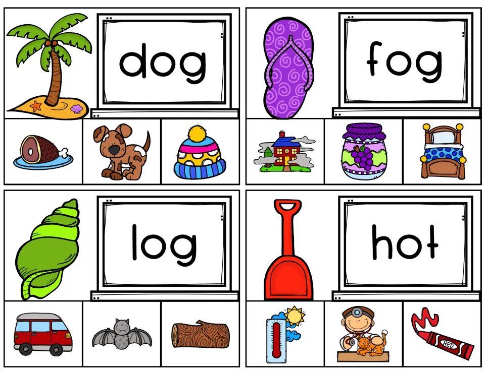 CVC o-word cards for dog, fog, log and hot: children read each word and clip the one picture that matches it