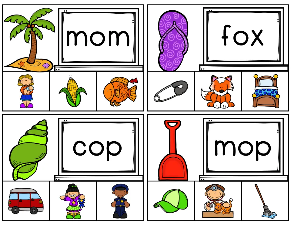 Short-o clip cards for mom, fox, cop and mop: read the word, then clip the picture of mother, fox, police officer or mop