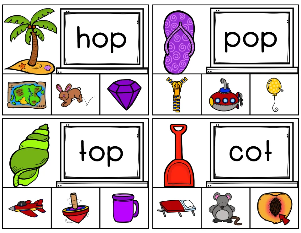 Short-o -op and -ot cards for hop, pop, top and cot: read, then clip the hopping rabbit, balloon, spinning top or cot
