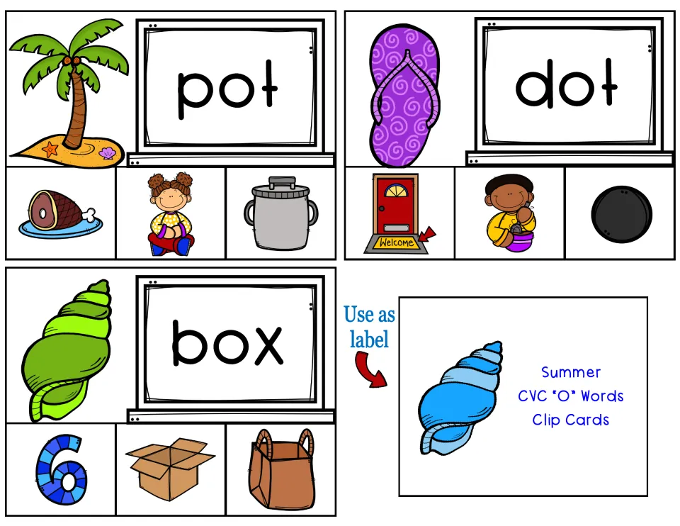 Final short-o clip cards for pot, dot and box, with a blue seashell title card marked 'Use as label' for the storage box