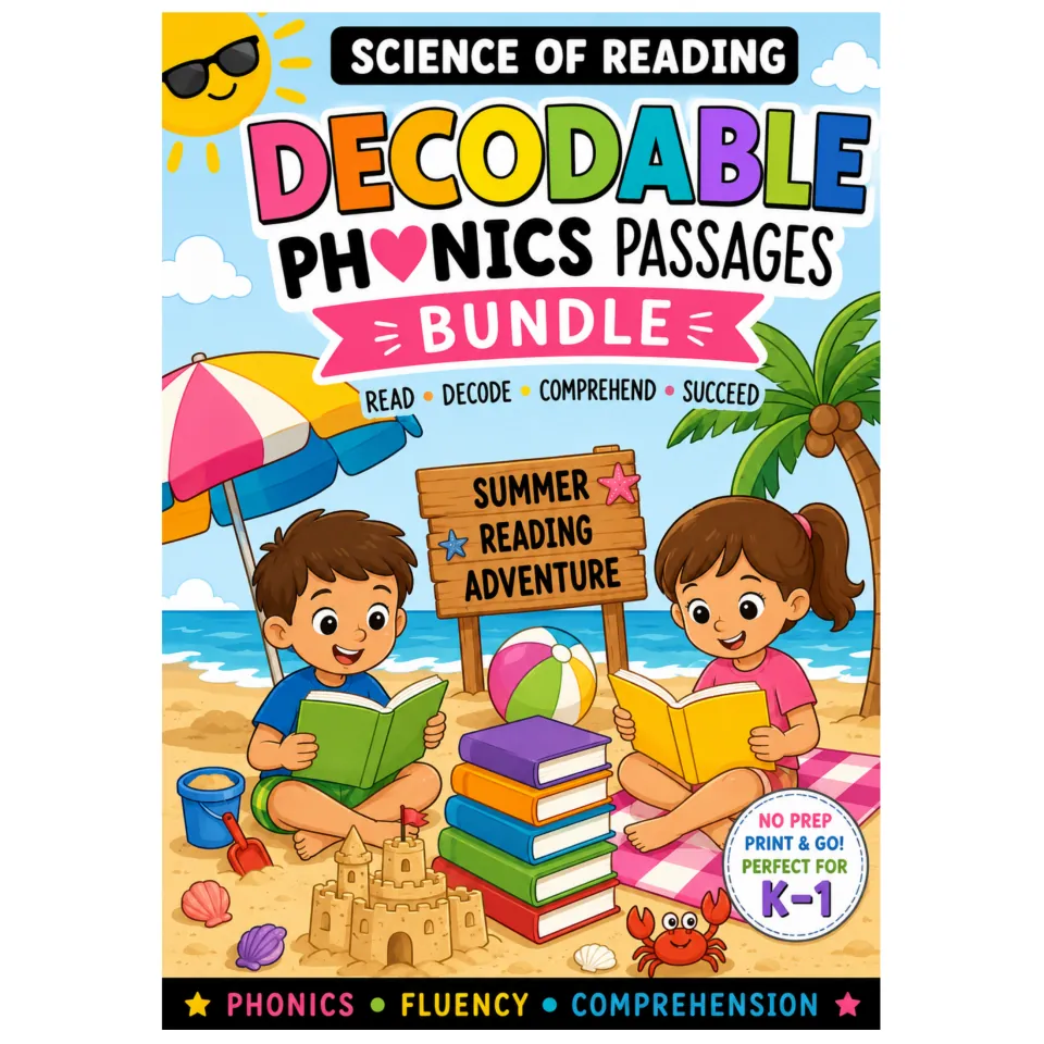Decodable Phonics Passages Bundle cover: Summer Reading Adventure with phonics, fluency and comprehension