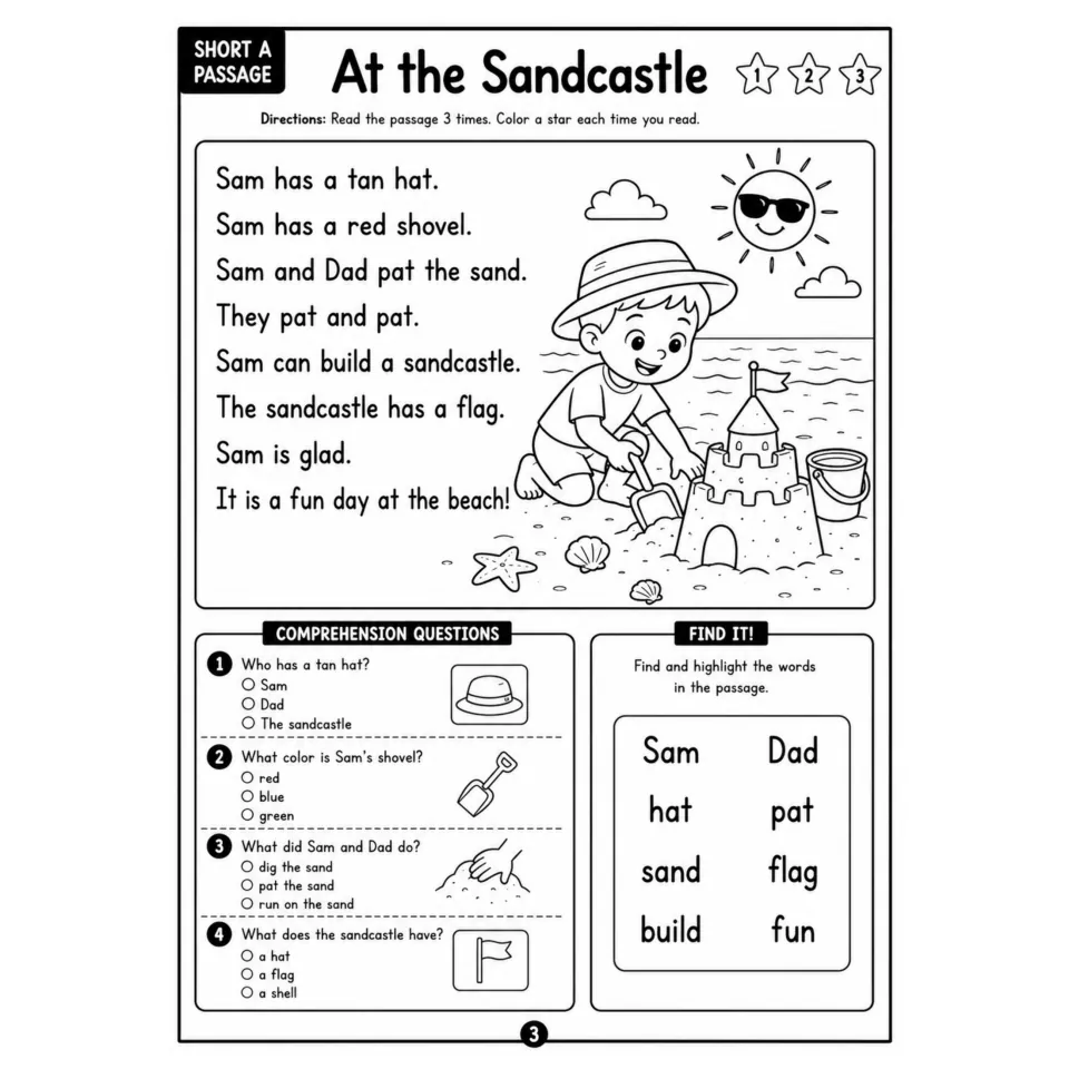 Short a passage At the Sandcastle: students read 3 times, answer 4 questions and highlight words like Sam and flag