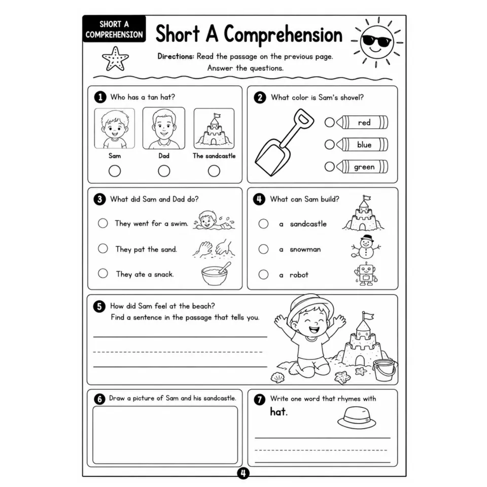 Short A Comprehension: students answer picture questions about Sam, find a sentence, draw and rhyme with hat