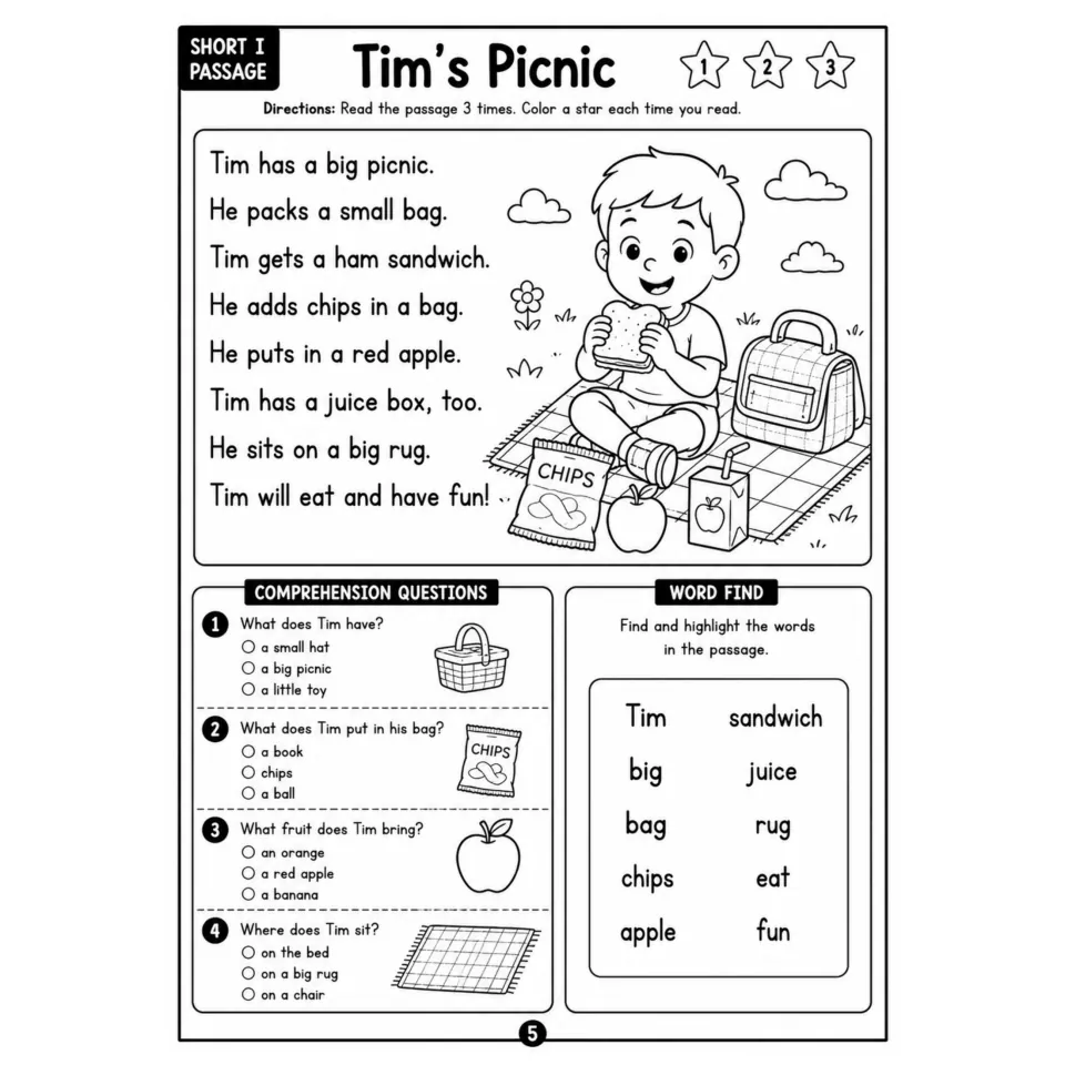 Short i passage Tim's Picnic: students reread 3 times, answer 4 questions and highlight words like big and chips