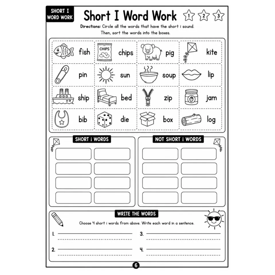Short I Word Work: students circle short i words like fish and pig, sort them from others and write 4 sentences