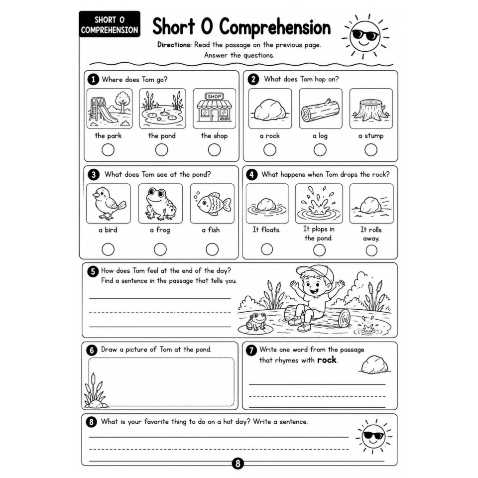 Short O Comprehension: students pick picture answers about Tom, cite a sentence, draw, rhyme with rock and write