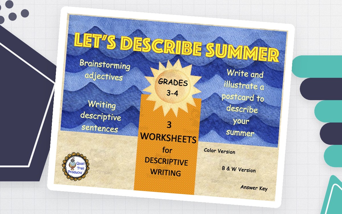 Let’s Describe Summer cover listing brainstorming, adjective, sentence, postcard, color, and black-and-white activities.