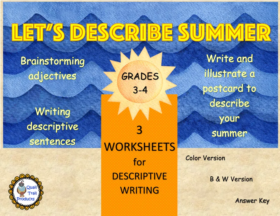 Let's Describe Summer cover: 3 descriptive writing worksheets for brainstorming adjectives, sentences and a postcard