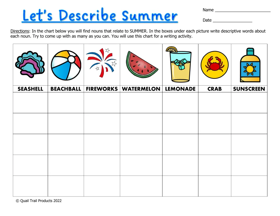 Summer nouns chart: students write adjectives under seashell, beach ball, fireworks, watermelon, lemonade, crab, sunscreen