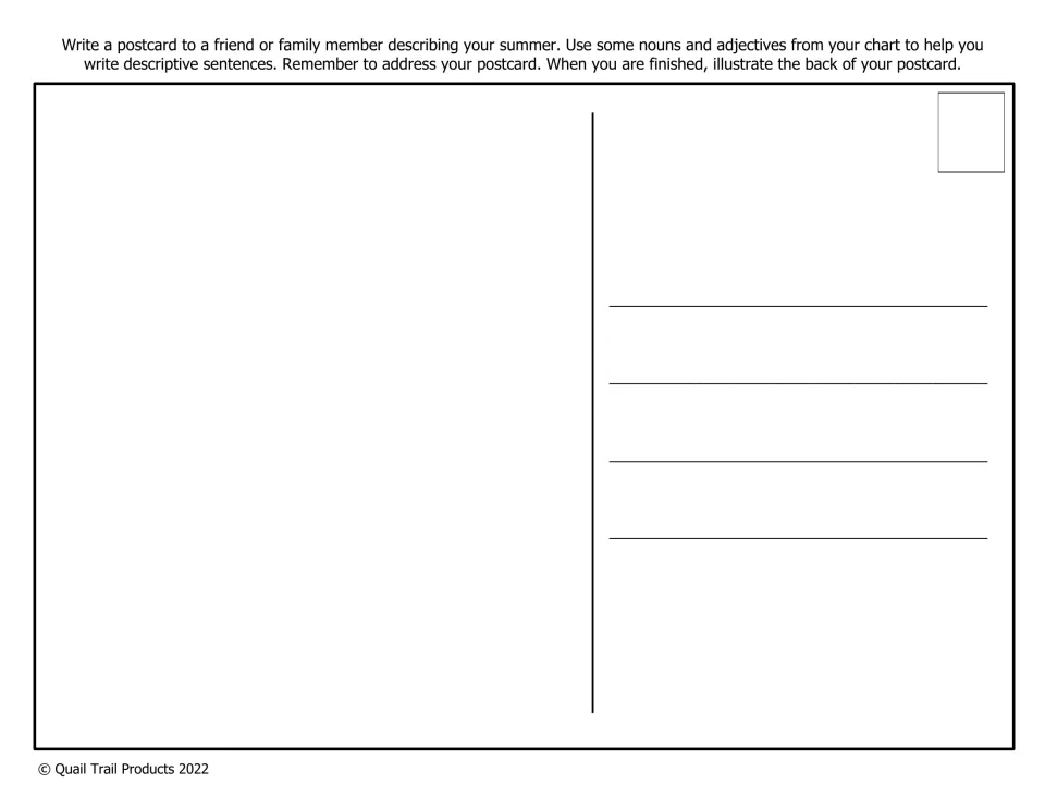 Summer postcard: students write to a friend or family member describing their summer, add an address, then illustrate