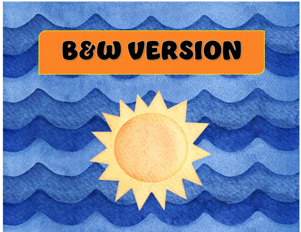 B&W Version section divider showing an orange title banner over a paper-cut sun and blue ocean waves