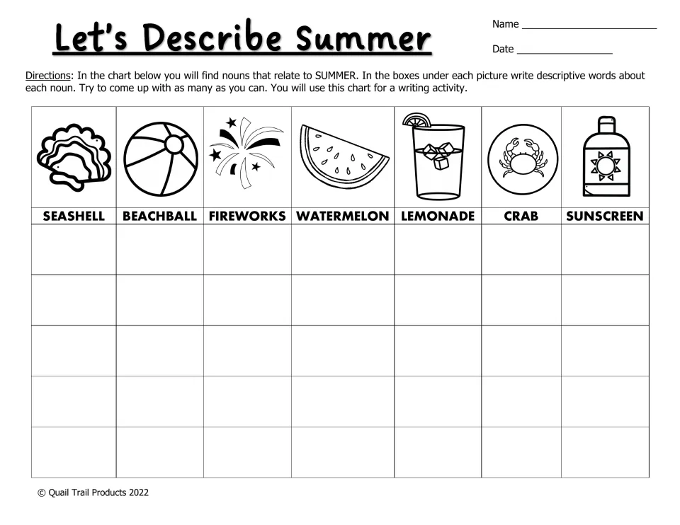 Black-and-white summer nouns chart for brainstorming adjectives about seashell, crab, lemonade, fireworks and more