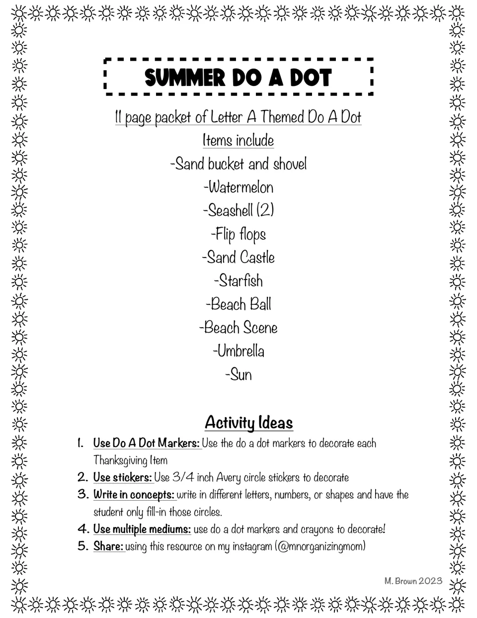 Summer Do A Dot title page listing the 11 beach pictures inside, from sand bucket to sun, plus five activity ideas