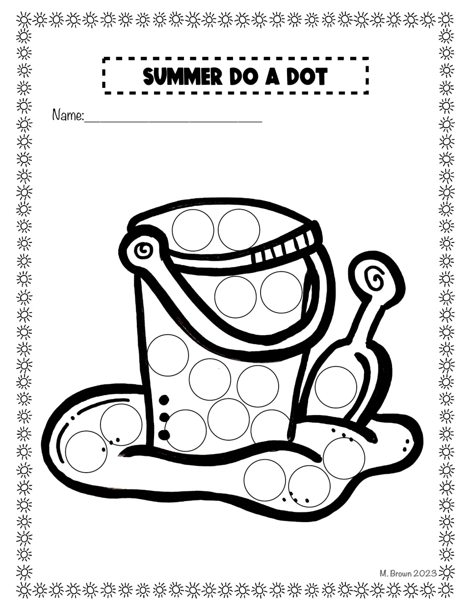 Sand bucket and shovel: students dab a dot marker in each empty circle on the pail, handle, scoop and pile of sand