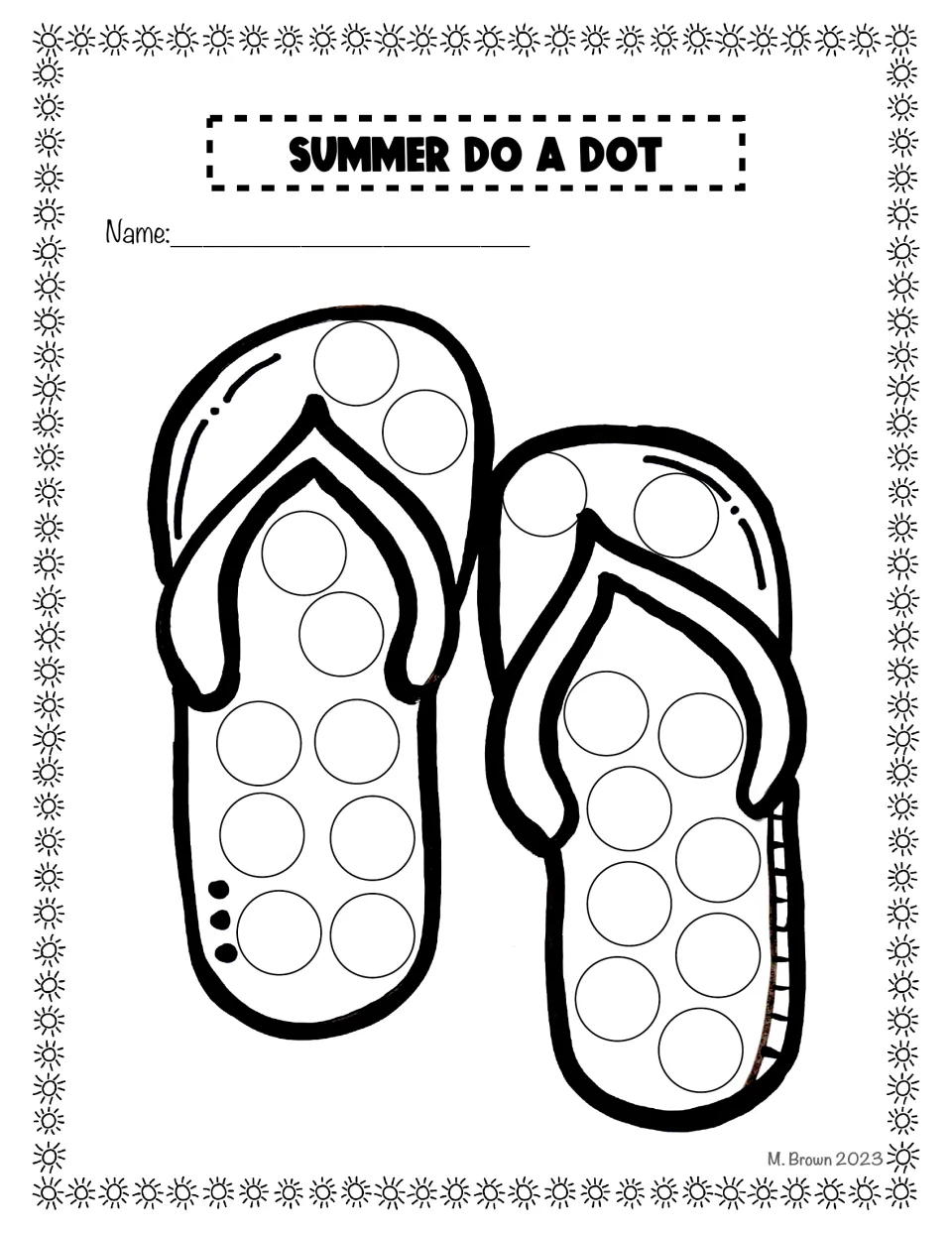 Pair of flip flops: learners press a dot onto each circle along both sandal soles, with a Name line at the top