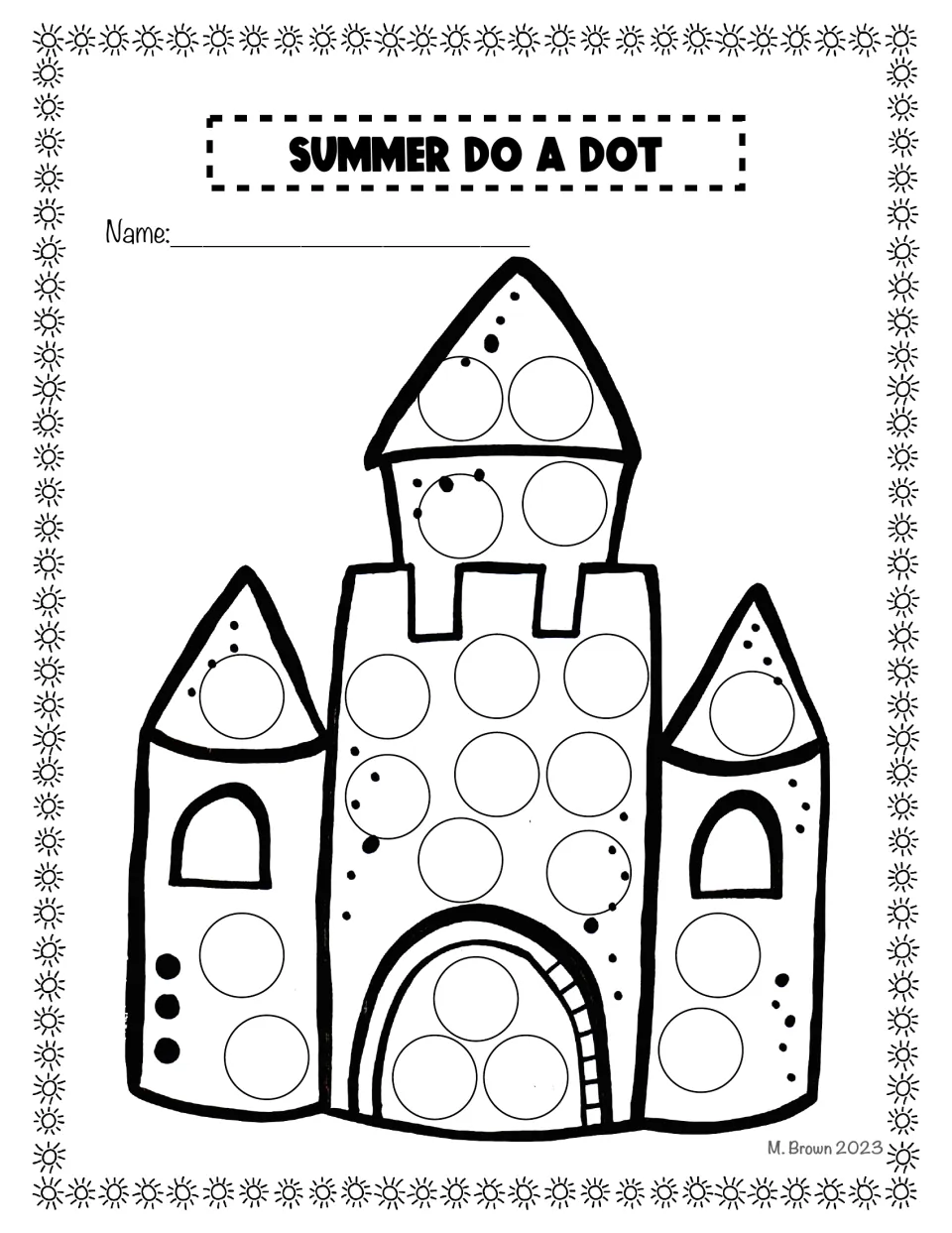 Sand castle with three towers and an arched door: students cover each circle on the walls, roofs and doorway with dots
