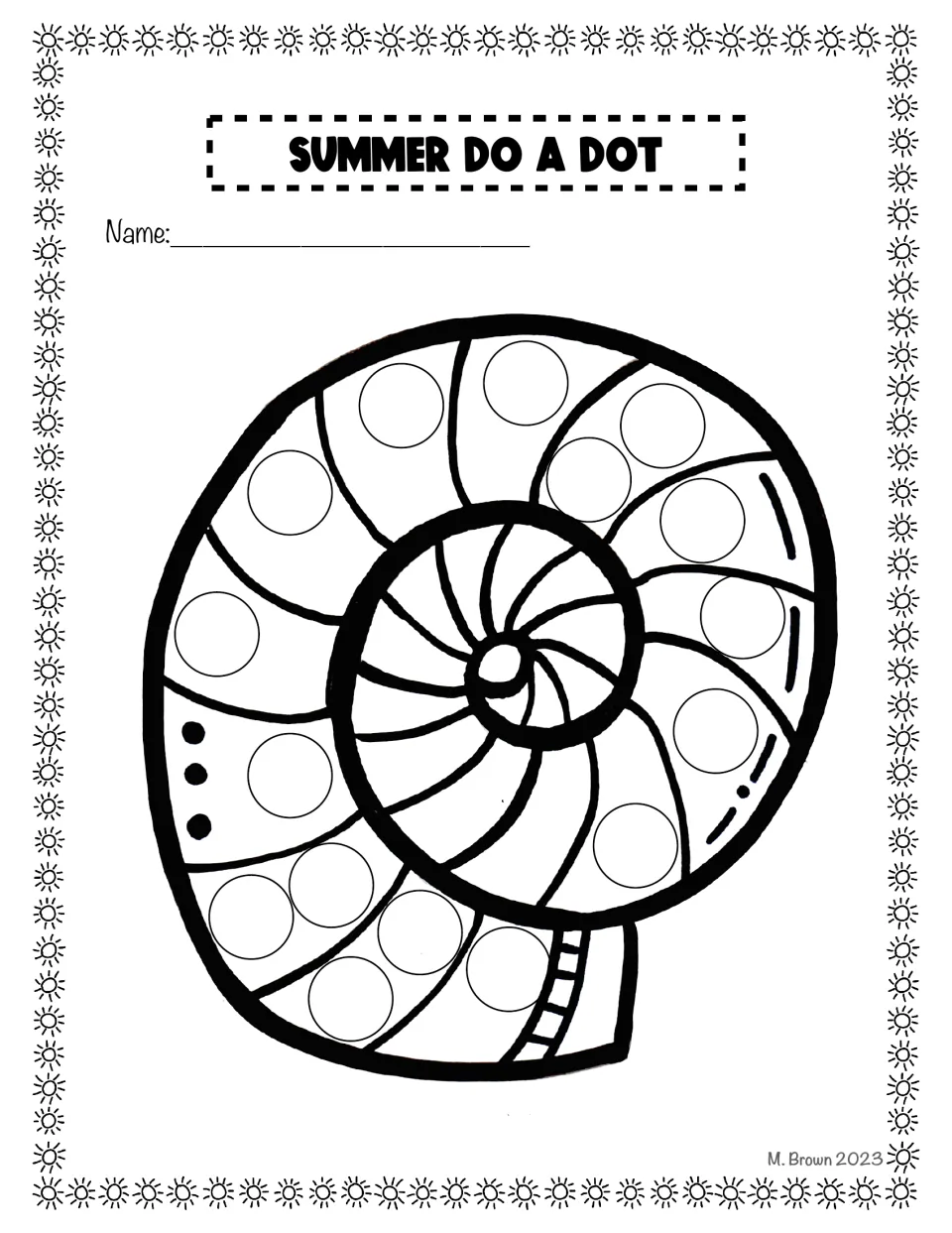 Spiral seashell: students dab a colored dot in each circle that follows the swirl of the shell around its center