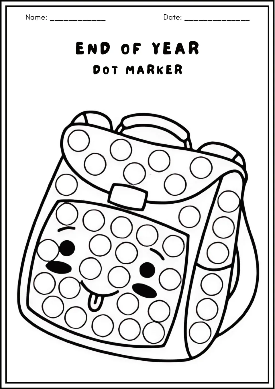End of Year dot marker page: students stamp a dot in each circle on a smiling backpack with its tongue out