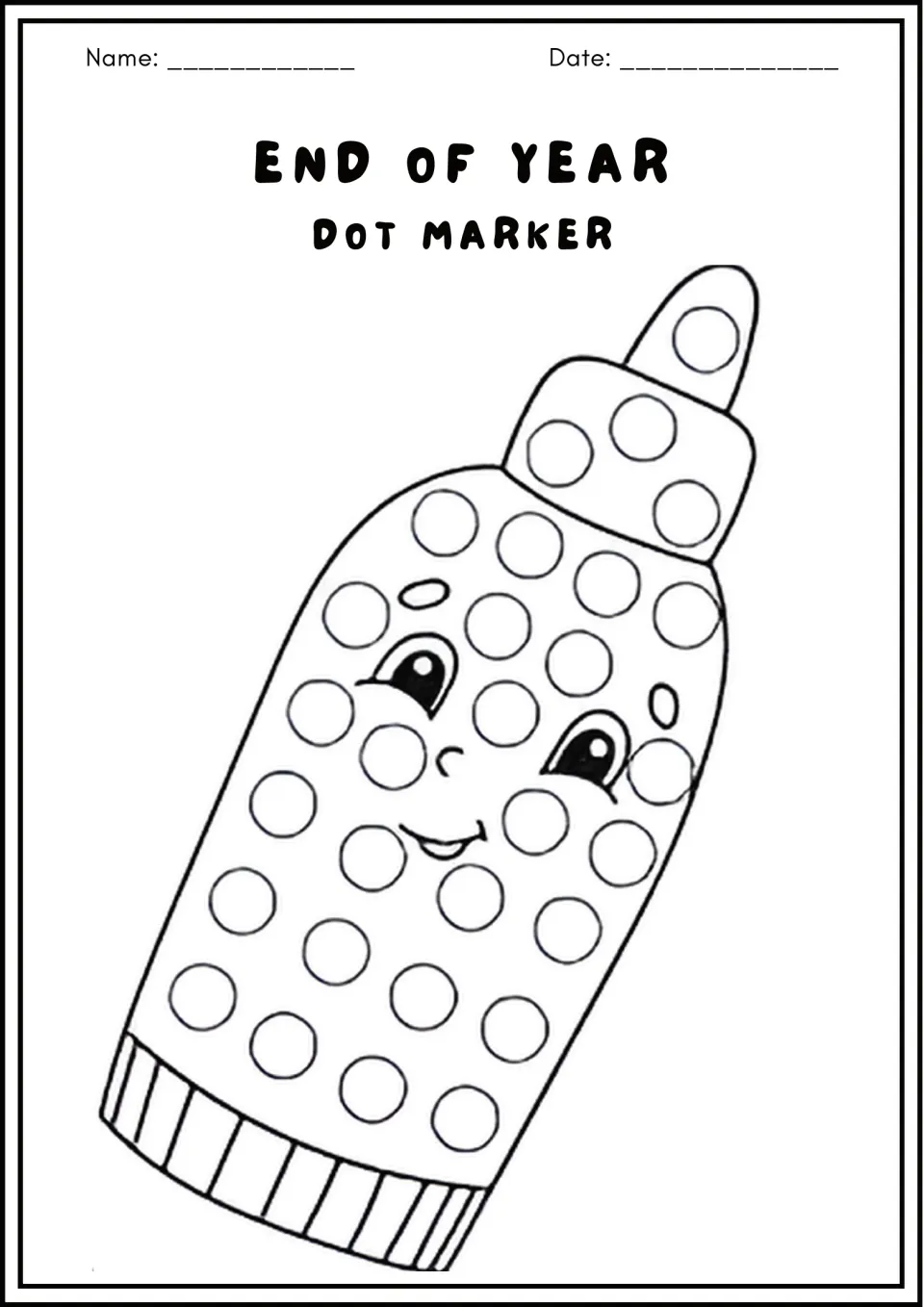 End of Year dot marker: students fill the empty circles on a smiling glue bottle character using dot markers