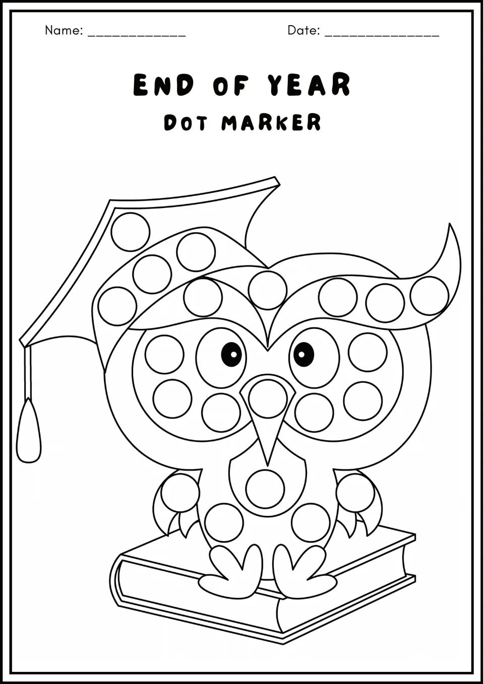 End of Year dot marker: an owl in a graduation cap sits on a book; students press a dot into each circle on owl and cap