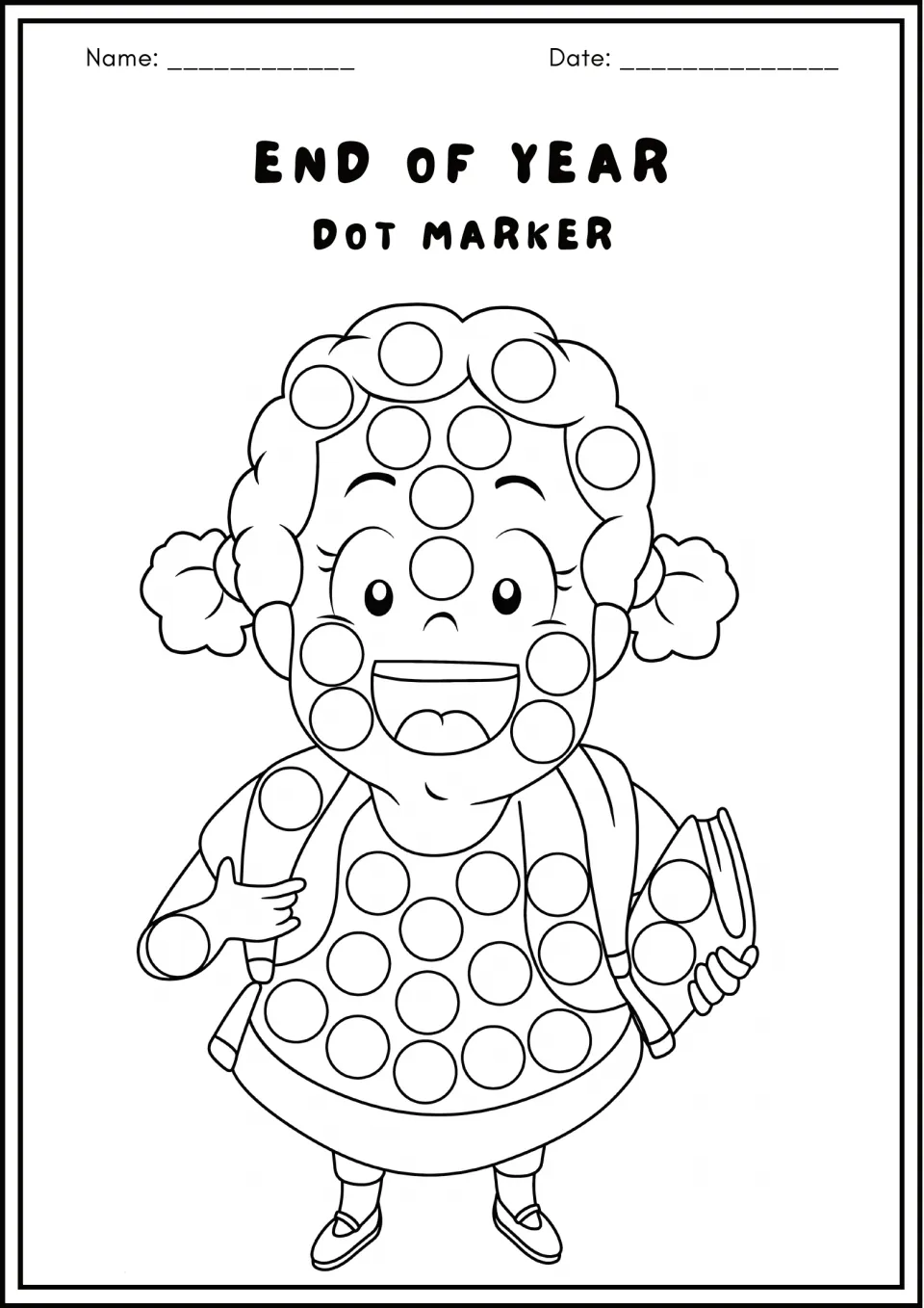 End of Year dot marker: a curly-haired girl with a backpack holds a book; students dot the circles on hair and dress