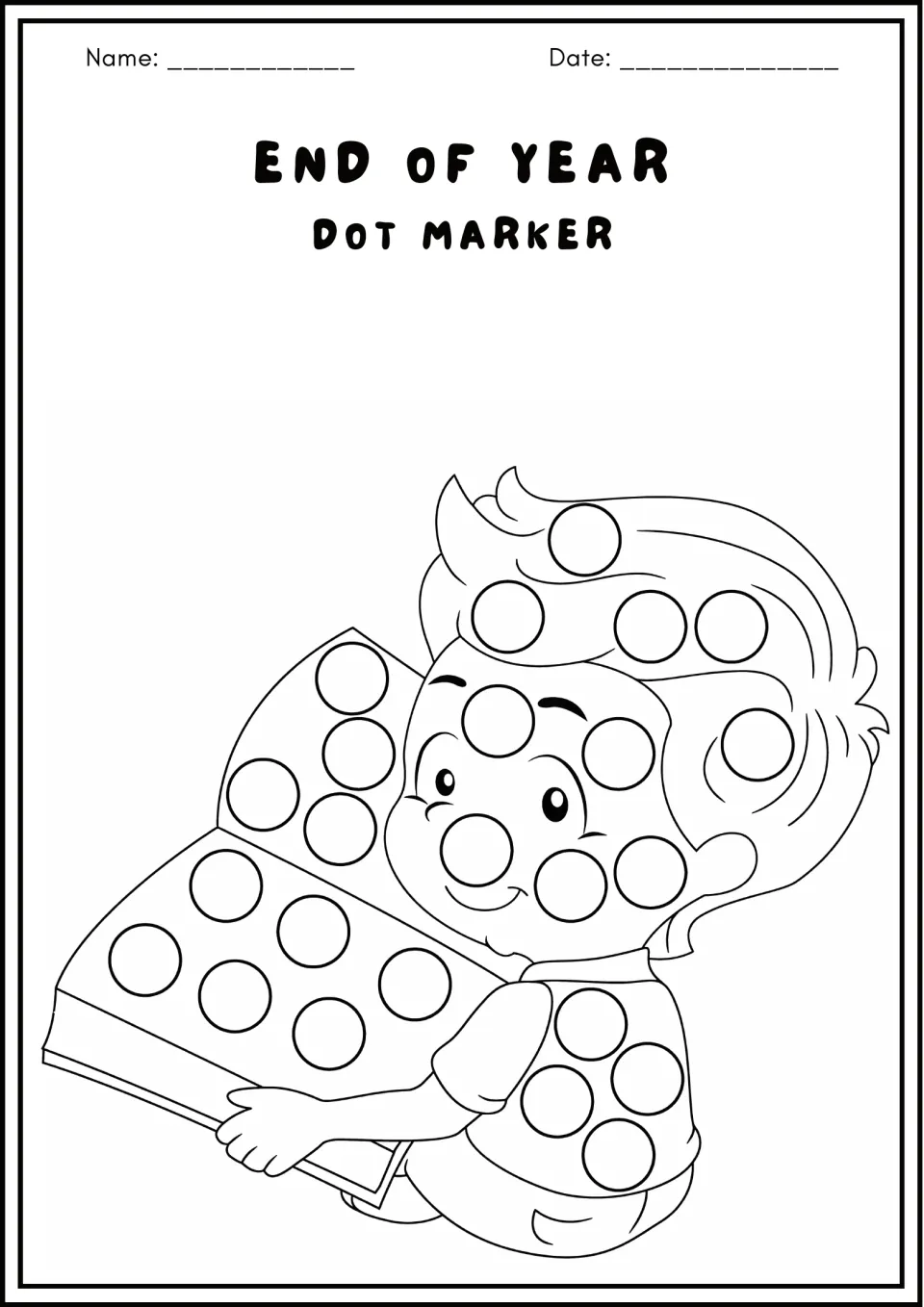 End of Year dot marker: a boy carries a large open book; students stamp dots in circles on the book, his hair and shirt
