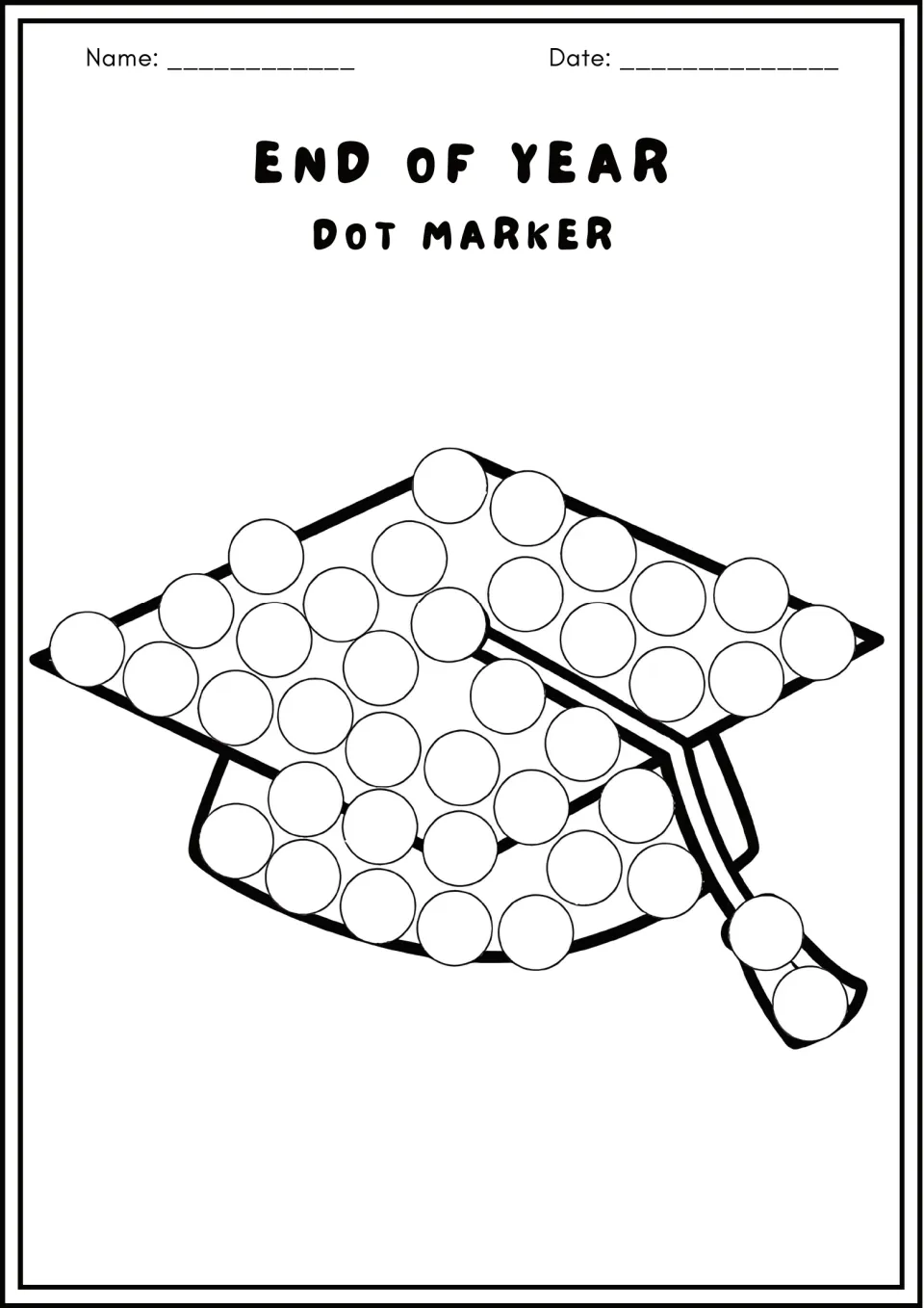 End of Year dot marker: a graduation cap and tassel covered in circles for students to fill with dot marker stamps